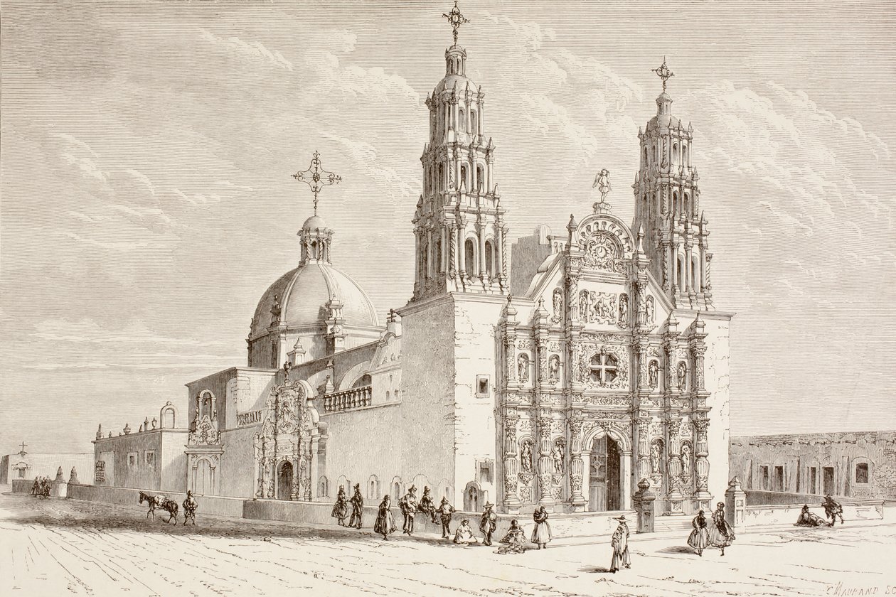 Metropolitan katedral på Plaza de Armas, Chihuahua, Mexiko under artonhundratalet (litho) av English School