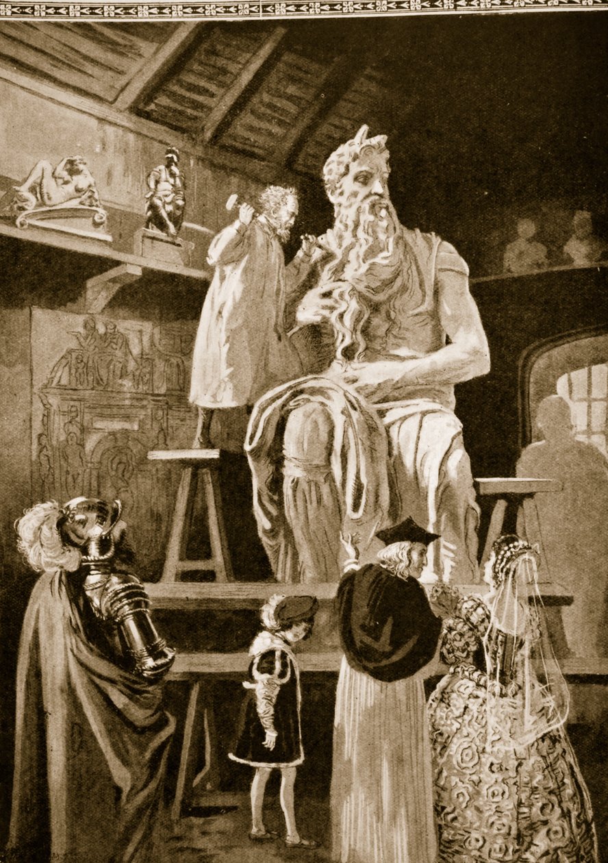 Michelangelo skapar den kolossala statyn av Moses av English School