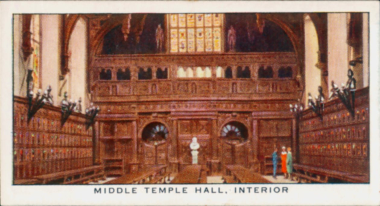 Middle Temple Hall, interiör (färglitografi) av English School