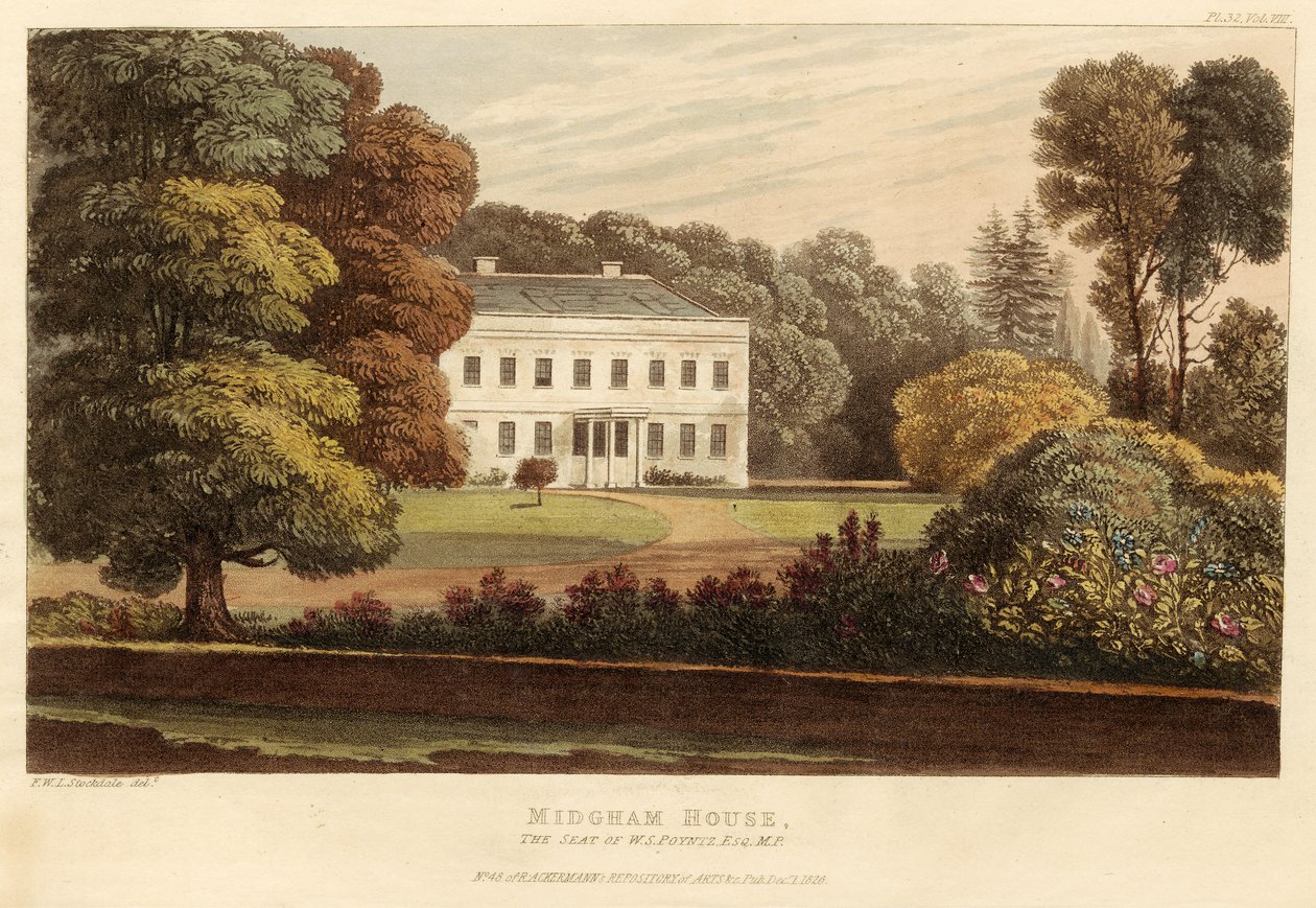 Midgham House, säte för W.S. Poyntz, Esq., M.P., pub. 1826 (färgad gravyr) av English School