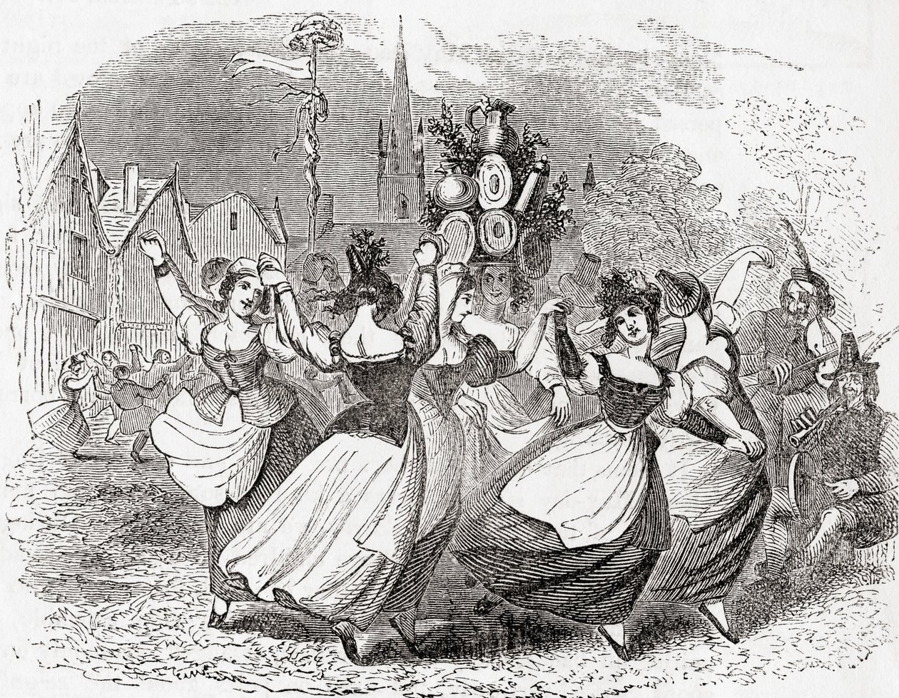 Mjölkflickans dans, med hög av tallrikar, May Day, England, från Old England: Ett bildmuseum, pub. 1847 av English School
