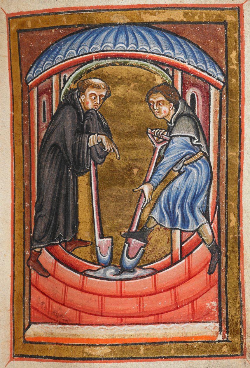 Miniatyr av Cuthbert som gräver en vattengrop med en munk för sitt eremitage på ön Farne, från kapitel 18 i Bedes prosa Life of St Cuthbert. av English School