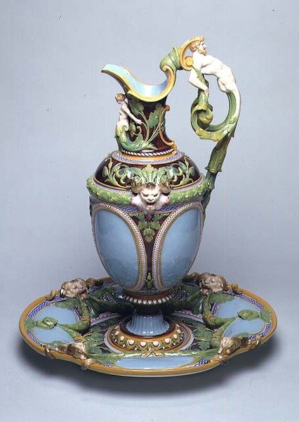 Minton maiolica ewer och bassäng av English School