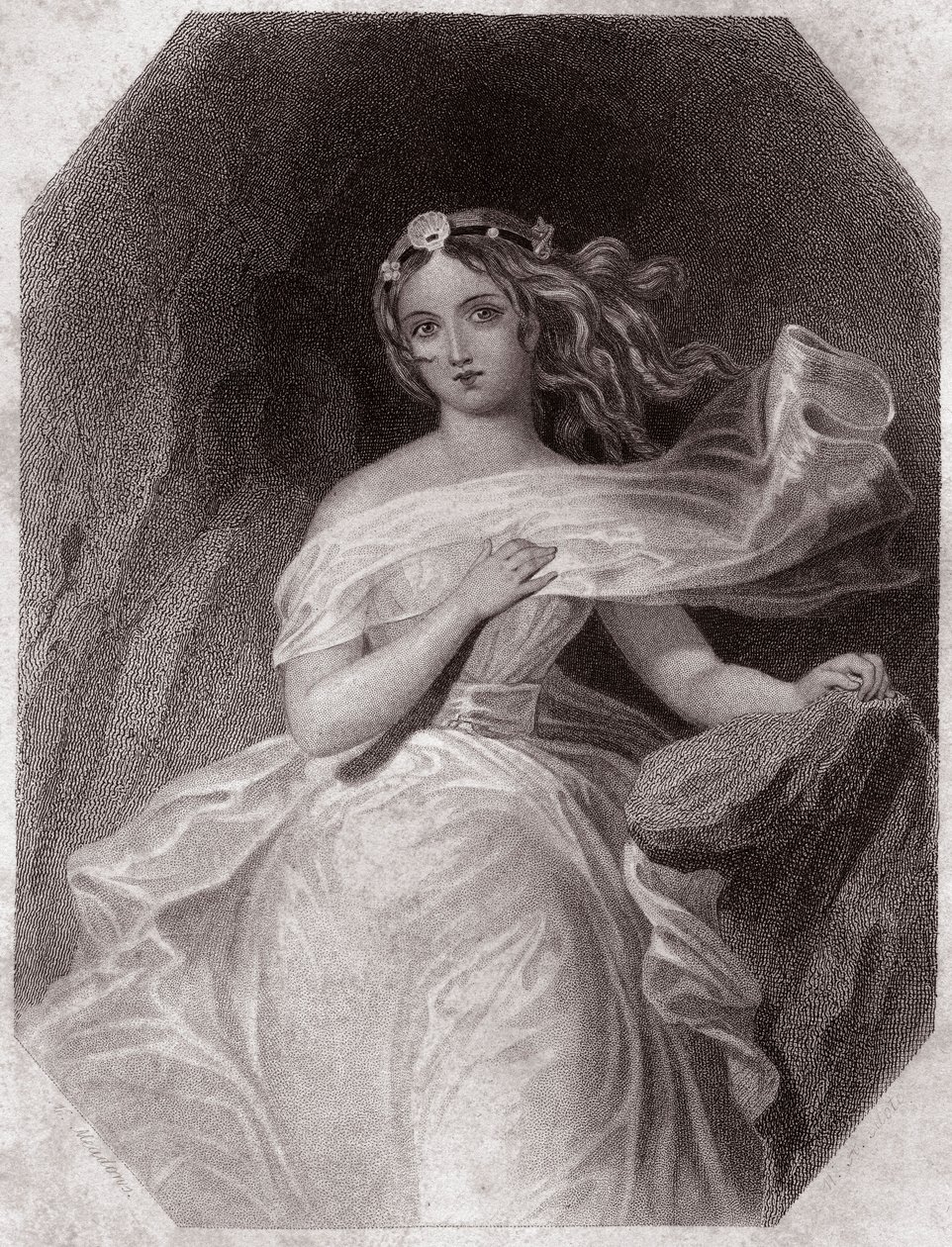 Miranda (The Tempest - La Tempete) i - "" Galerie des femmes de Shakespeare, samling av fyrtiofem seriösa porträtt av de första konstnärerna i London, berikade av kritiska och litterära notiser""" runt 1838 - från "" Gallery of the women av Shakespeare, av English School