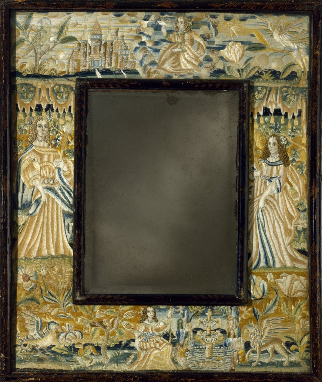 Spegel med upphöjt arbetsbroderi, ca. 1650-1700 (pärlor, aviga metallic, spetsar, siden, linne, trä, glas) av English School