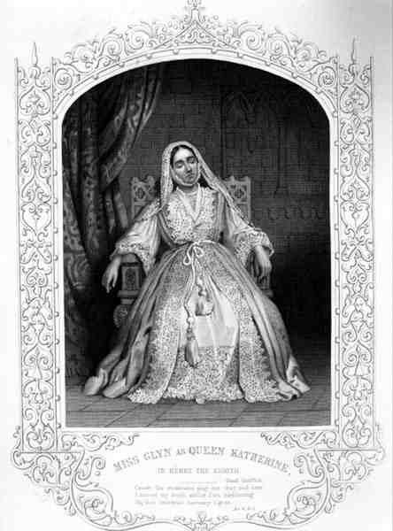 Miss Glyn som drottning Katherine, akt IV scen 2, i Henry VIII or All is True, av William Shakespeare (1564-1616) (gravyr) av English School