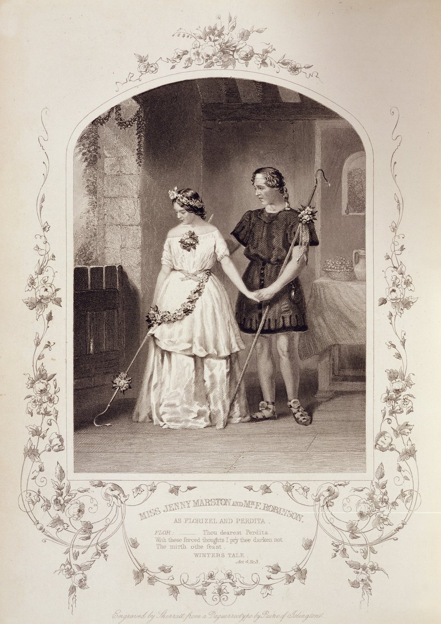 Miss Jenny Marston som Perdita och Mr F. Robinson som Florizel, akt IV scen 3, i The Winters Tale av William Shakespeare (1564-1616) graverad av Thomas Sherratt (fl.1860-80) från en daguerreotypi av Pa av English School