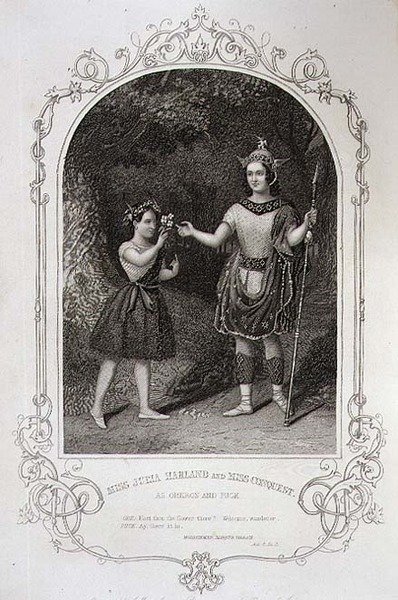 Miss Julia Harland och Miss Conquest som Oberon och Puck, akt II Scen 2 av "A Midsummer Night