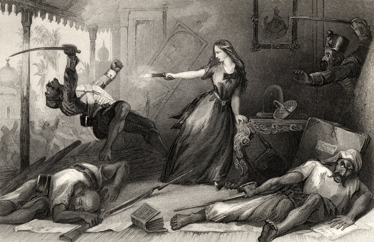 Miss Wheeler försvarade sig mot Sepoys i Cawnpore 1857, från "The History of the Indian Mytery", publicerad 1858 (gravyr) av English School