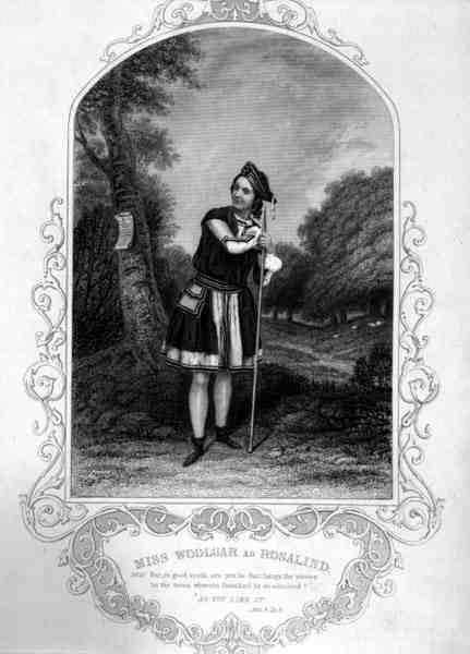 Miss Woolgar som Rosalind, akt III Scene 2, i As You Like it, av William Shakespeare (1564-1616) (gravyr) av English School