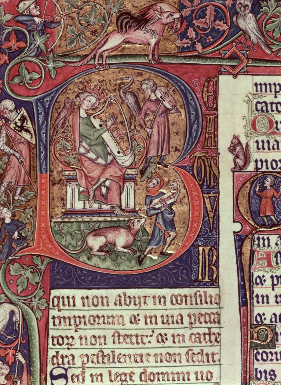 Mms 9961-2 Historiad initial B från Peterborough Psalter föreställande kung David spelar harpa, engelska, (ca 1310-20) av English School