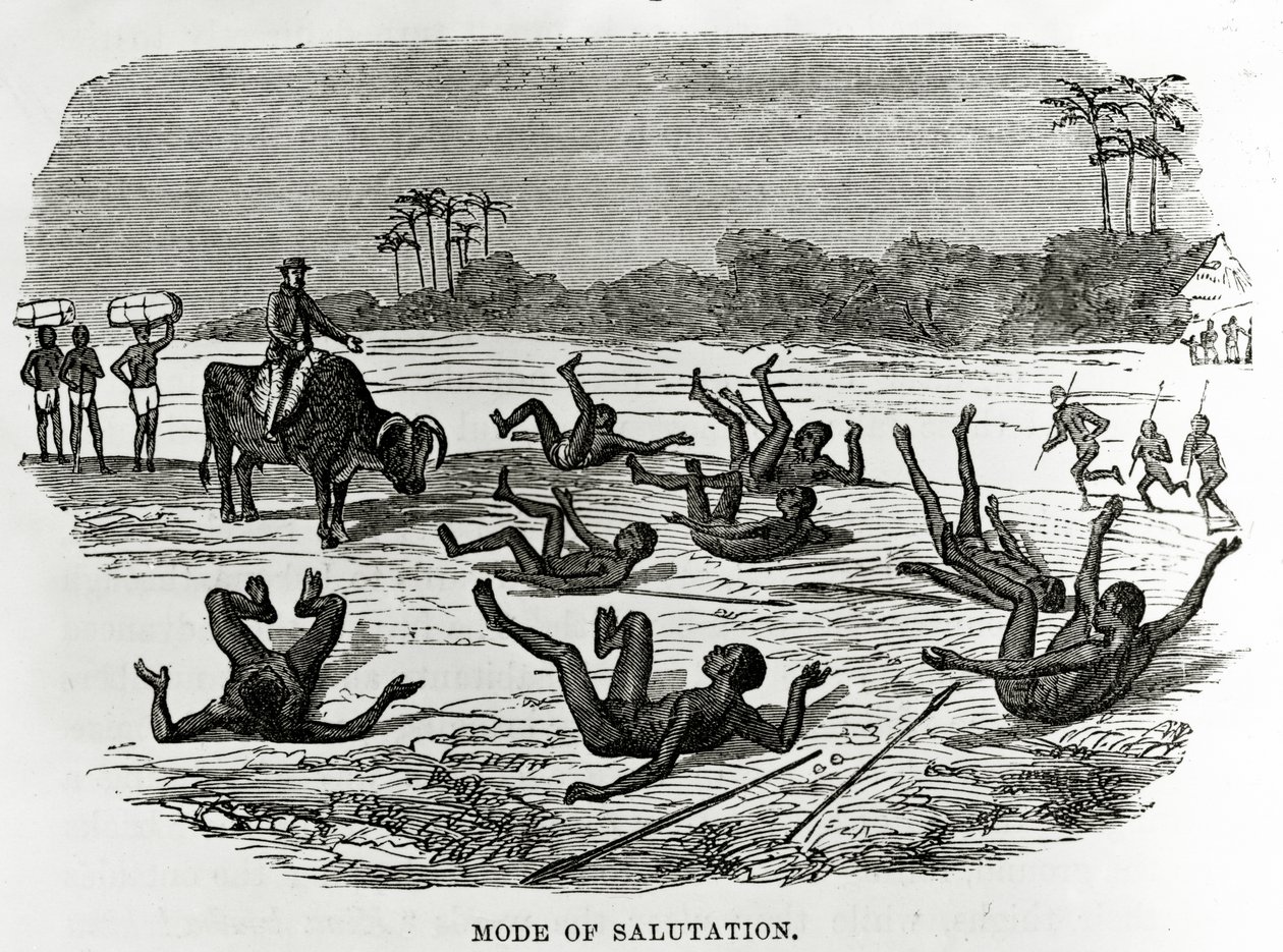 Mode of Salutation, illustration från "Great African Travellers, from Mungo Park to Livingstone and Stanley", en roman av William H.G. Kingstone, första gången publicerad 1874. av English School