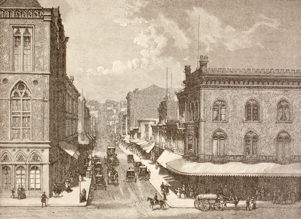 Montgomery Street, San Francisco på 1880-talet (litho) av English School