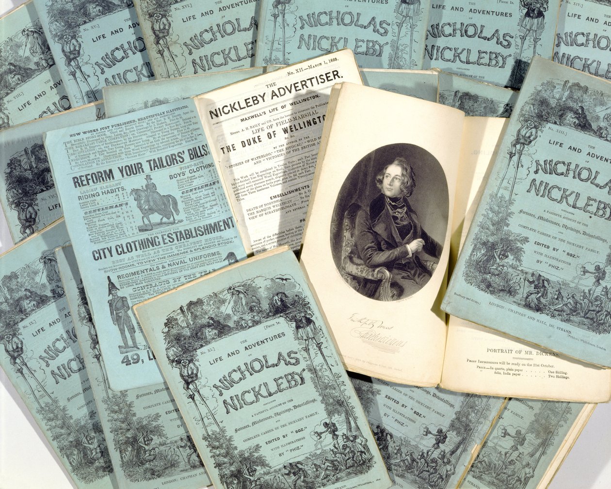 Monthly Issues of The Life and Adventures of Nicholas Nickleby av Charles Dickens (1812-70), publicerad 1839 (se 136076) av English School