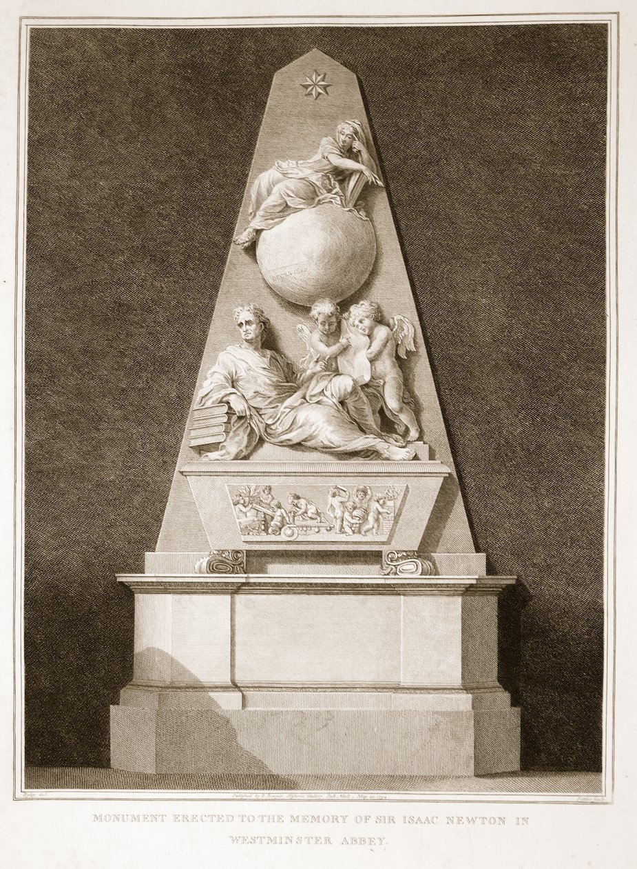 Monument uppfört till minnet av Sir Isaac Newton i Westminster Abbey, illustration från David Humes The History of England, pub. av R. Bowyer, London, 1812 av English School
