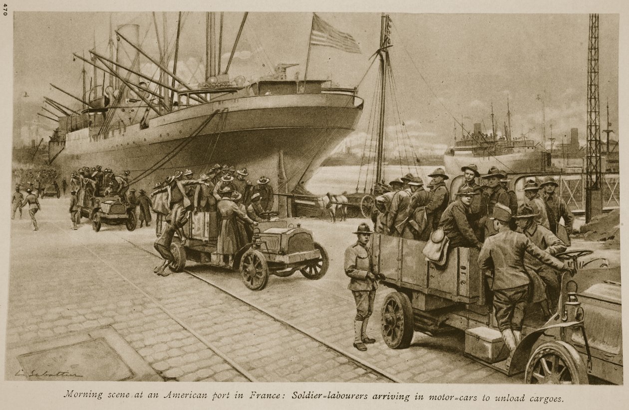 Morgonscen i en amerikansk hamn i Frankrike: Soldatarbetare anländer i bilar för att lossa laster, 1914-19 av English School