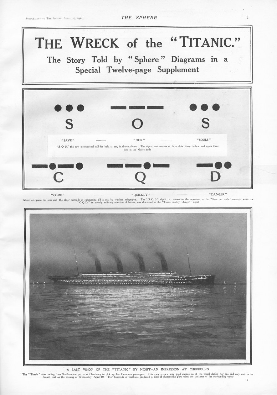 Morsekodsignaler och illustration av ångfartyget som lade till vid Cherbourg på natten, från The Sphere, 27 april 1912 av English School