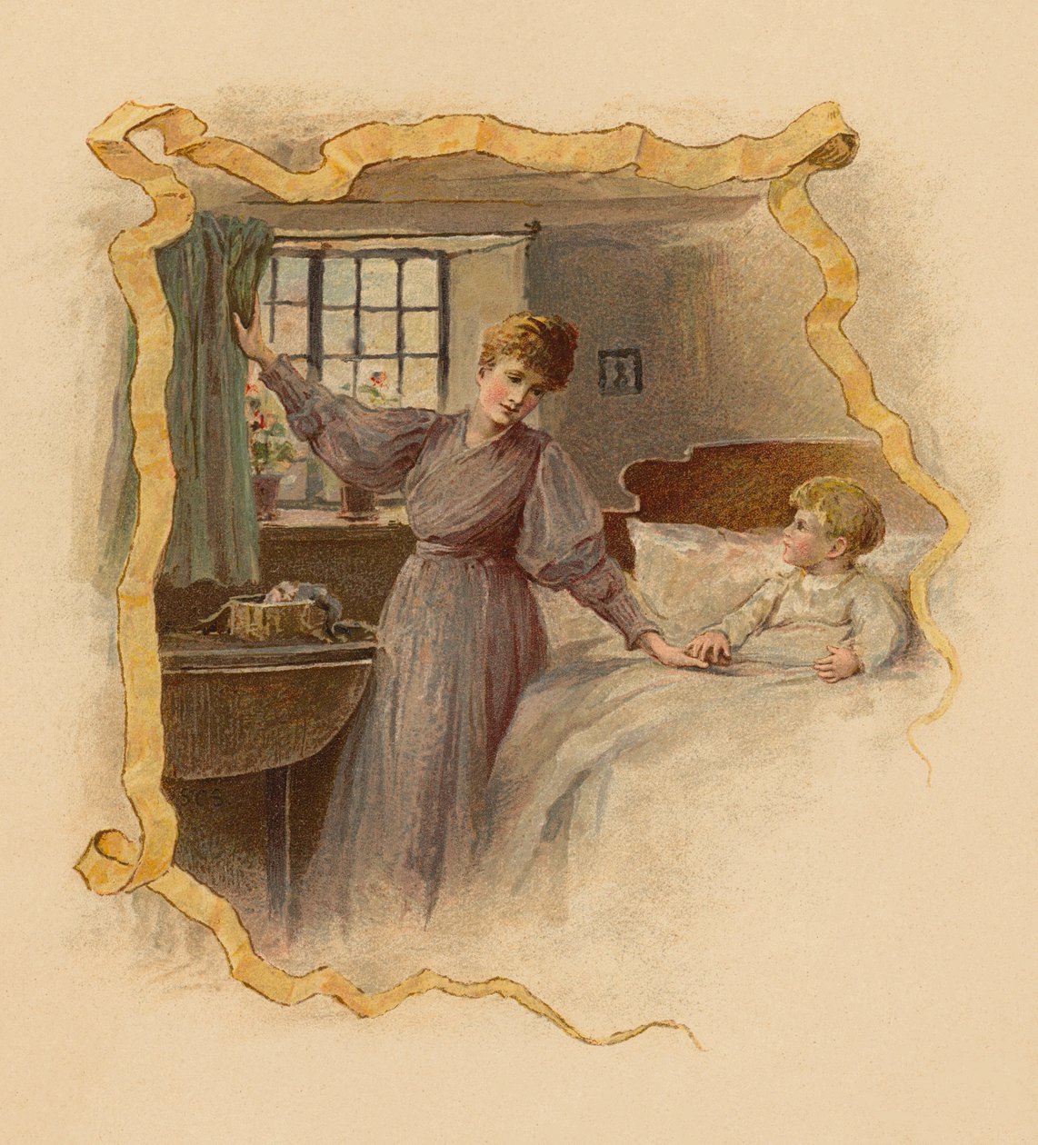 Mor väcker sin son på morgonen (chromolitho) av English School
