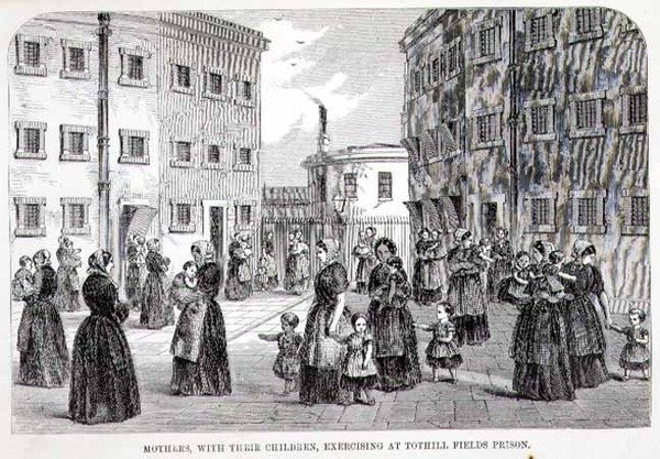 Mödrar med sina barn tränar i Tothill Fields Prison, från "The Criminal Prisons of London and Scenes of Prison Life" av Henry Mayhew (1812-87) och John Binny av English School