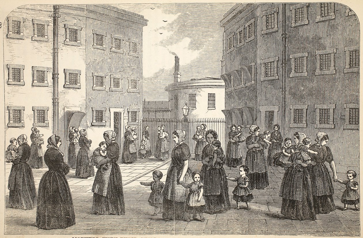 Mödrar, med sina barn, tränar i Tothill Fields Prison, illustration från The Criminal Prisons of London och Scenes from Prison Life av Henry Mayhew och John Binny, pub. 1862 av English School