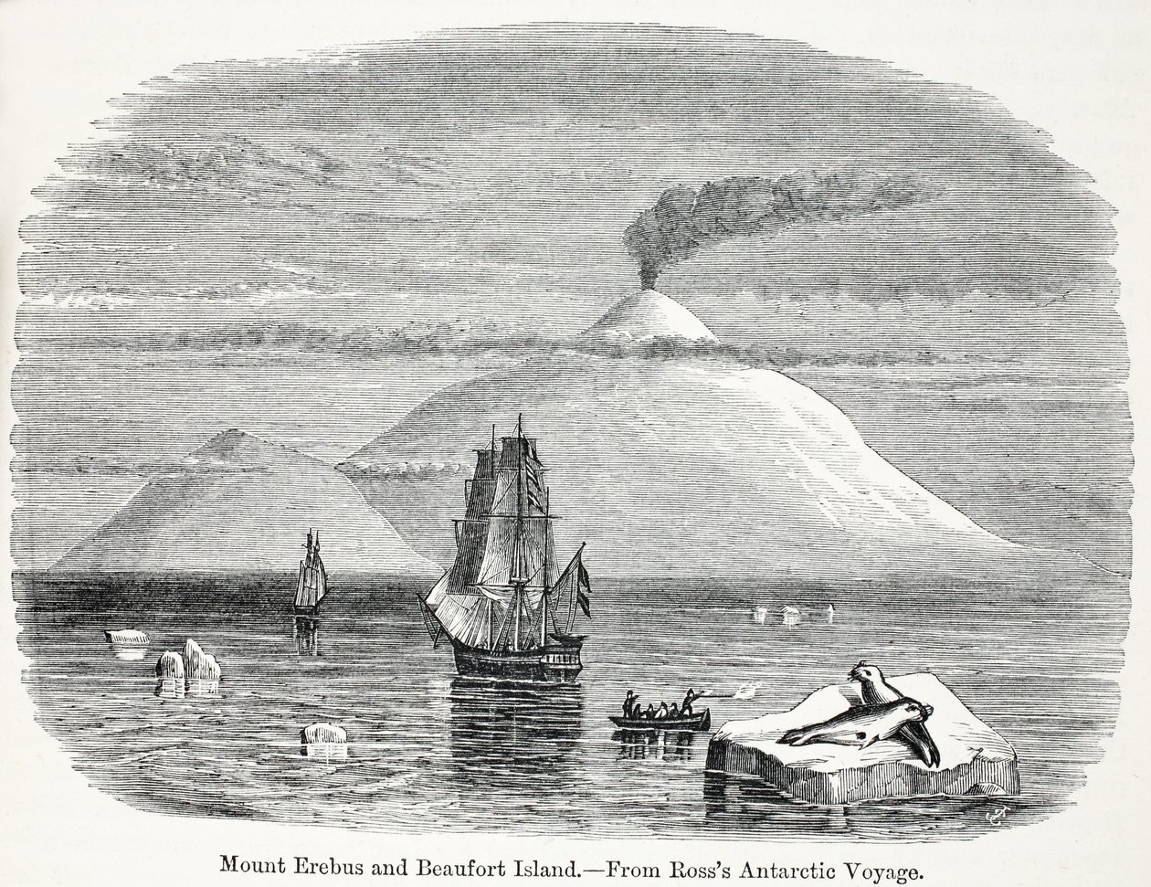 Mount Erebus och Beaufort Island från Rosss Antarctic Voyage av English School