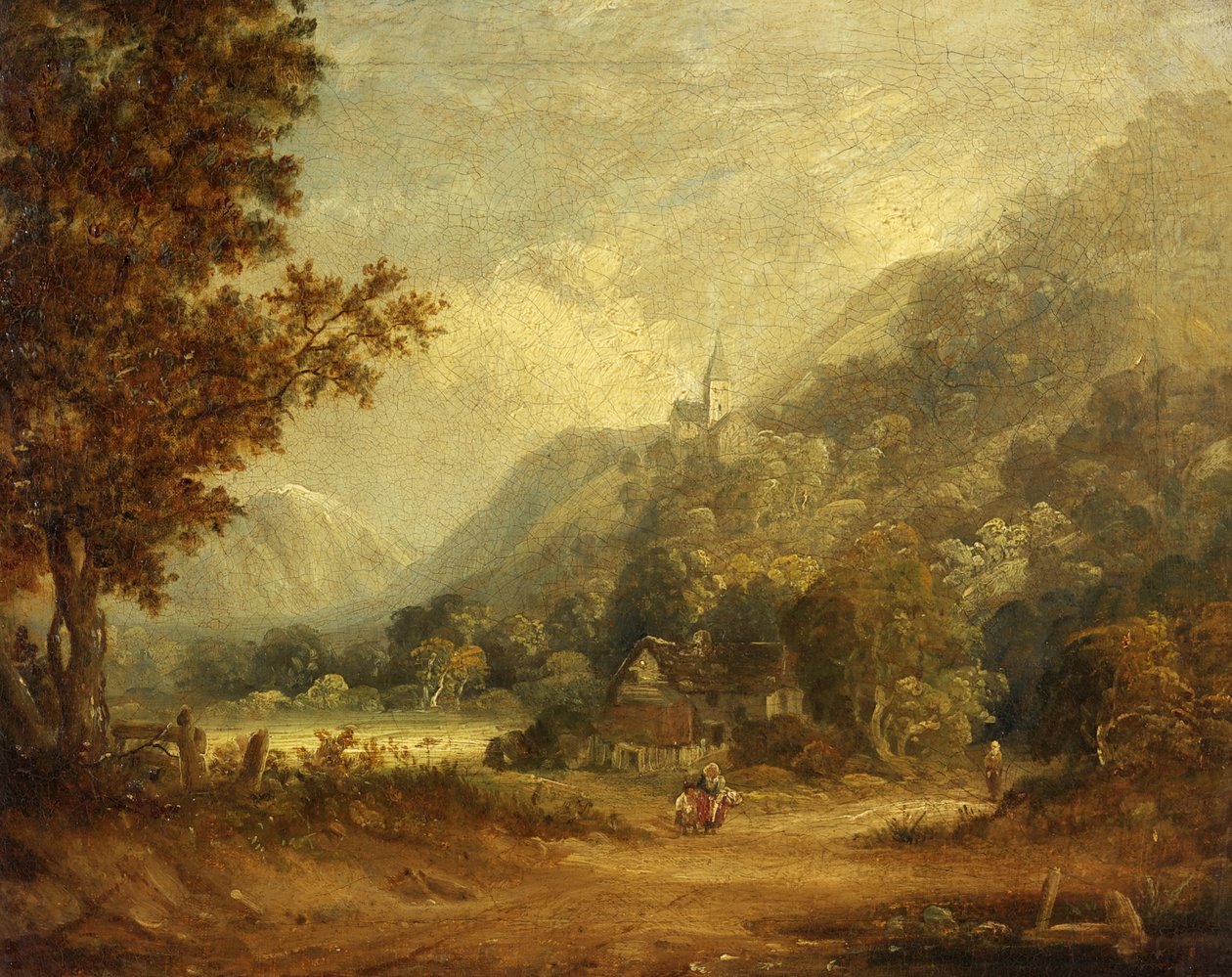 Bergsscen med kyrka och gård (olja på duk) av English School