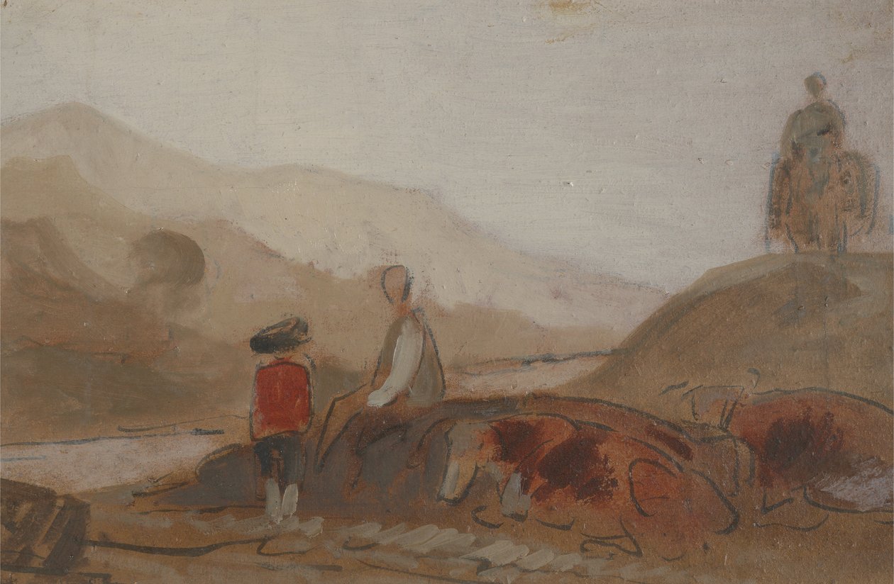 Bergigt landskap med figur vid en sjö (En man som sitter vid en sjö mitt i bergen), tidigare tillskriven J.M.W. Turner (1775-1851) och även tillskriven Peter de Wint (1784-1849), 1825-30 (olja) av English School