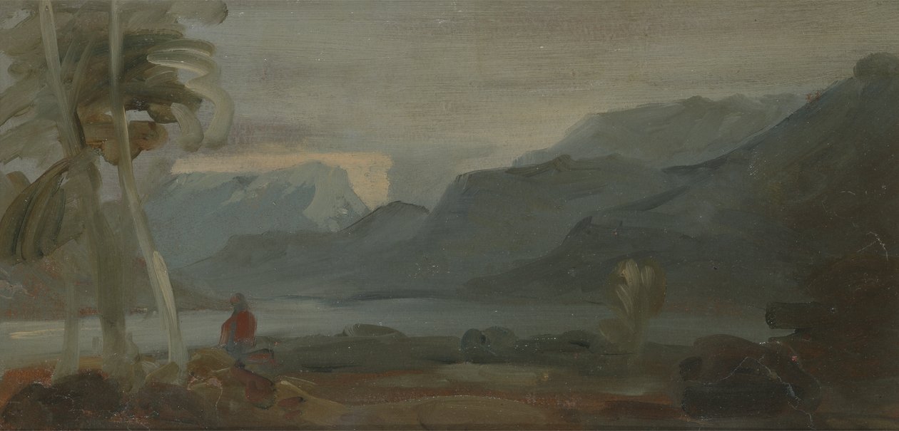 Bergslandskap med figurer och boskap, tidigare tillskrivet J.M.W. Turner (1775-1851) och även tillskriven Peter de Wint (1784-1849), 1806-07 (olja på papper) av English School