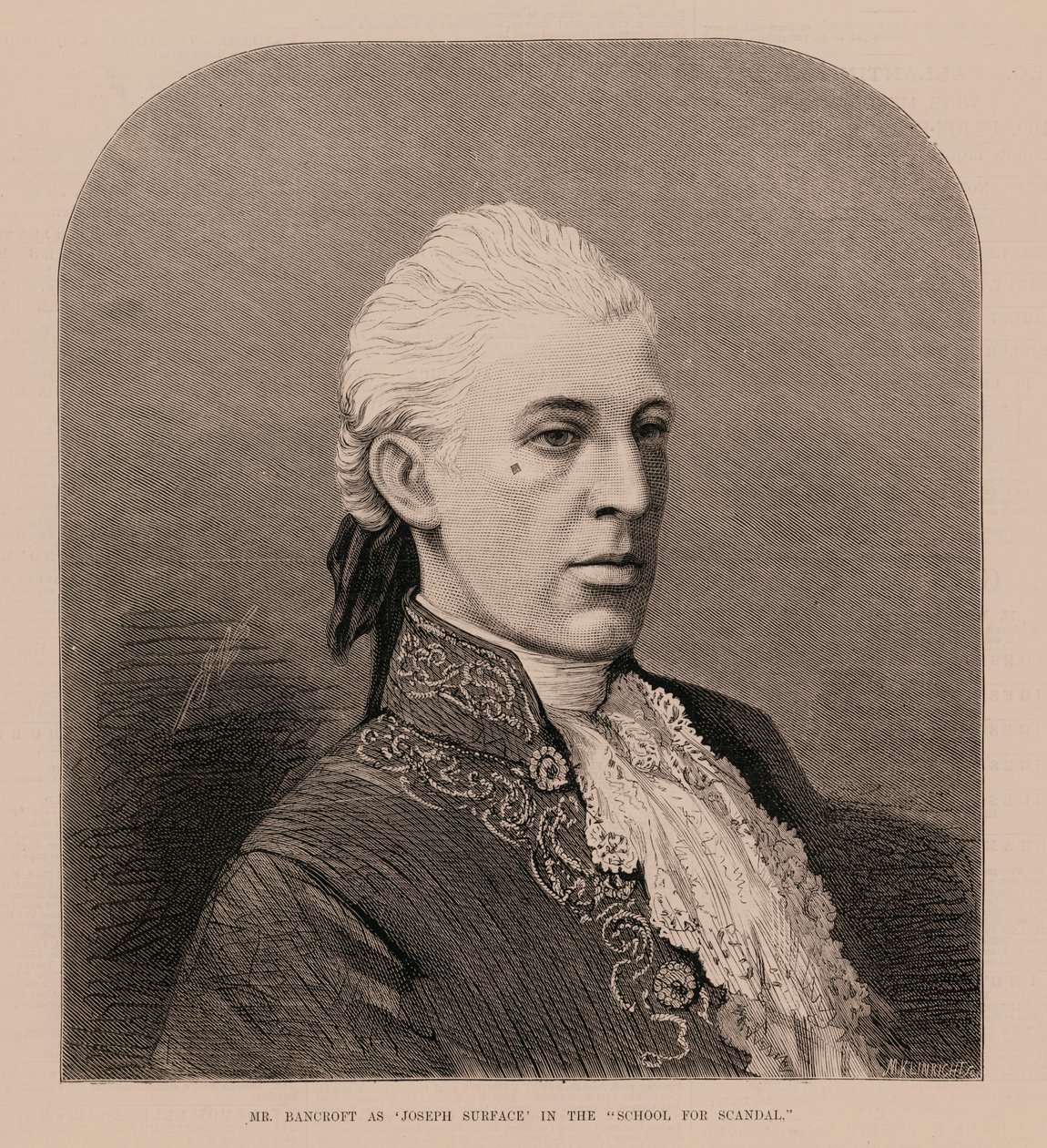 Mr Bancroft som "Joseph Surface" i "School for Scandal" (gravyr) av English School
