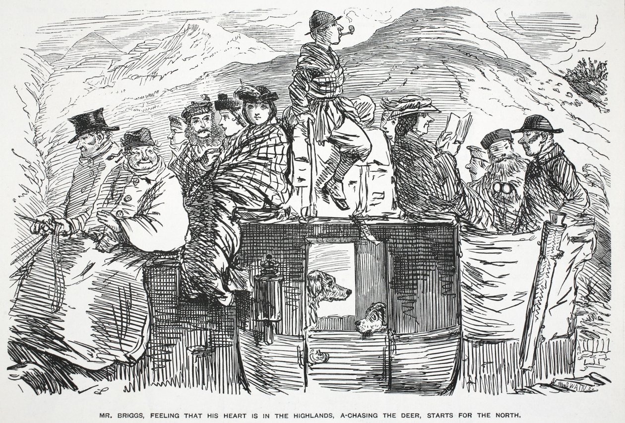 Mr. Briggs, som känner att hans hjärta är i högländerna och jagar rådjuren, börjar mot norr, illustration från Punch av English School