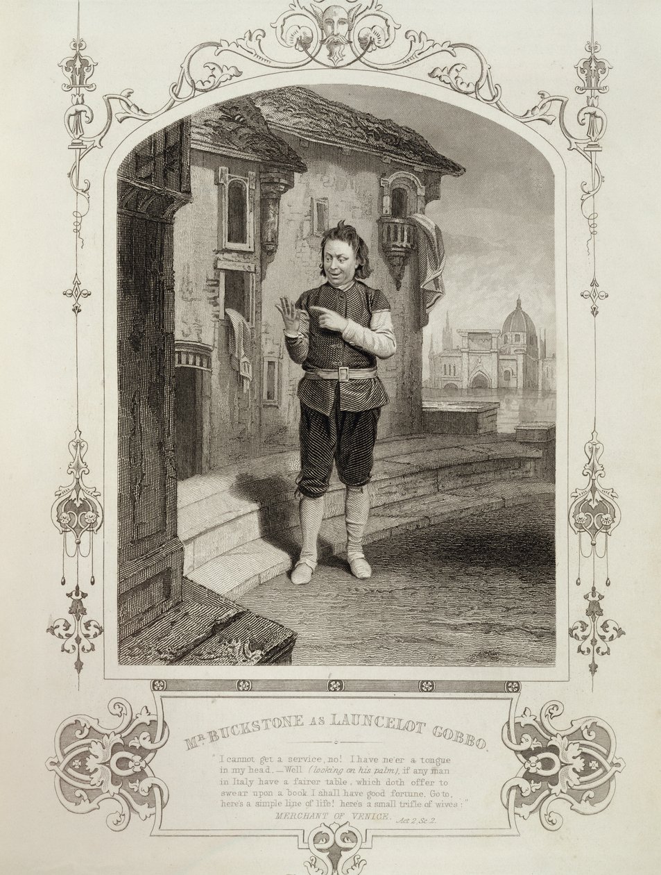 Mr Buckstone som Lancelot Gobbo, akt II, scen 2, i The Merchant of Venice av William Shakespeare (1564-1616) av English School