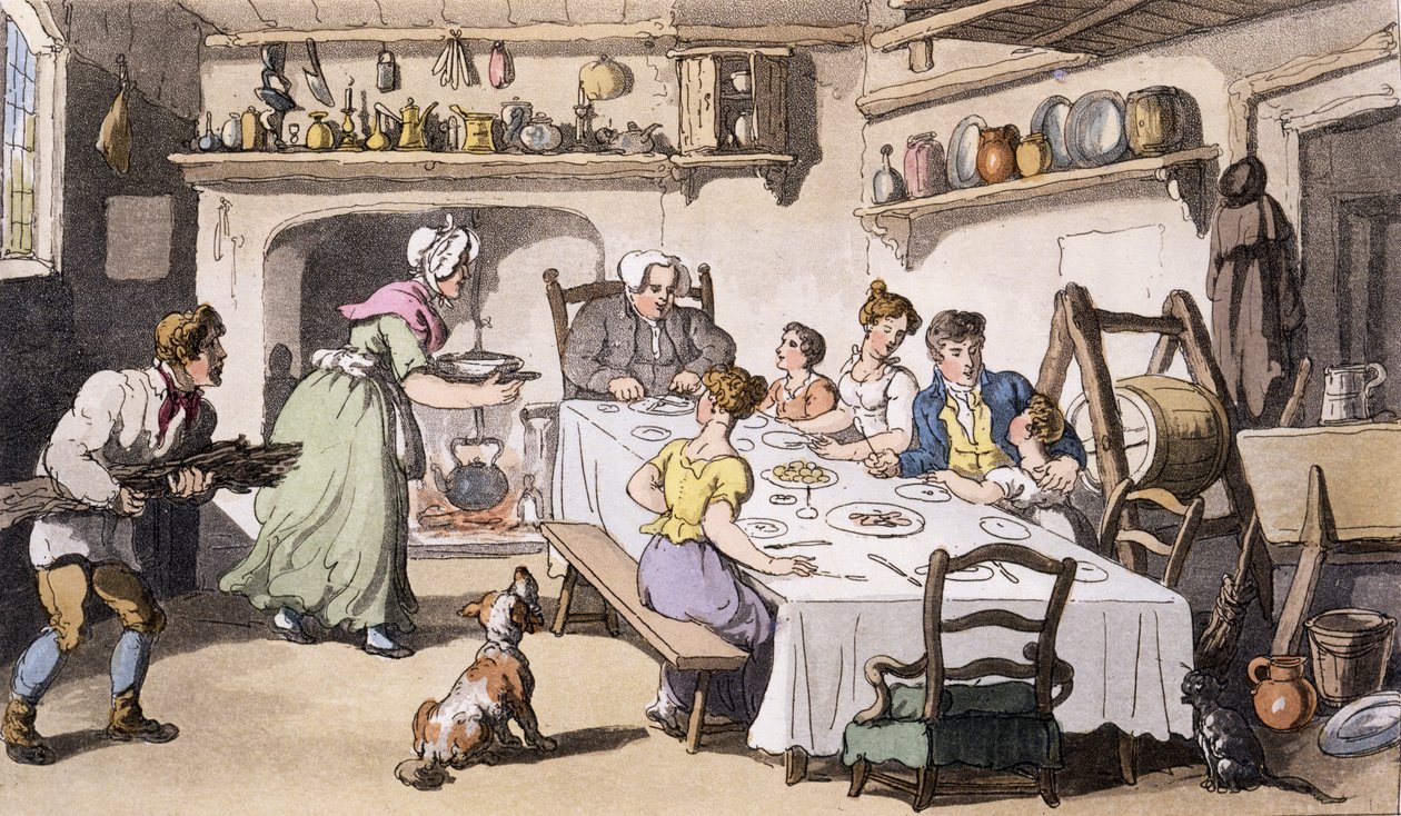 Mr Burchells första besök, pub. Ackermanns Repository of Arts, London, 1817 (handfärgad gravyr) av English School