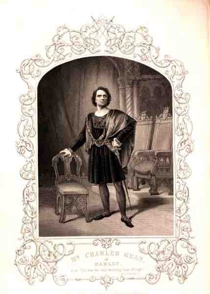 Charles Kean som Hamlet, akt III scen 2, i William Shakespeares (1564-1616) pjäs från en daguerreotypi av Paine of Islington (gravyr). av English School
