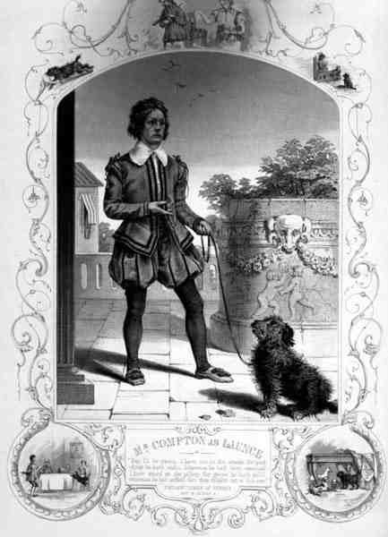 Mr Compton som Lance, akt IV Scene II, i Two Gentlemen of Verona, av William Shakespeare (1564-1616) (gravyr) av English School