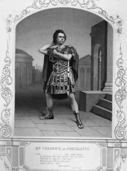 Mr Creswick som Coriolanus, akt V, scen 5, i pjäsen av William Shakespeare (1564-1616) (gravyr) av English School