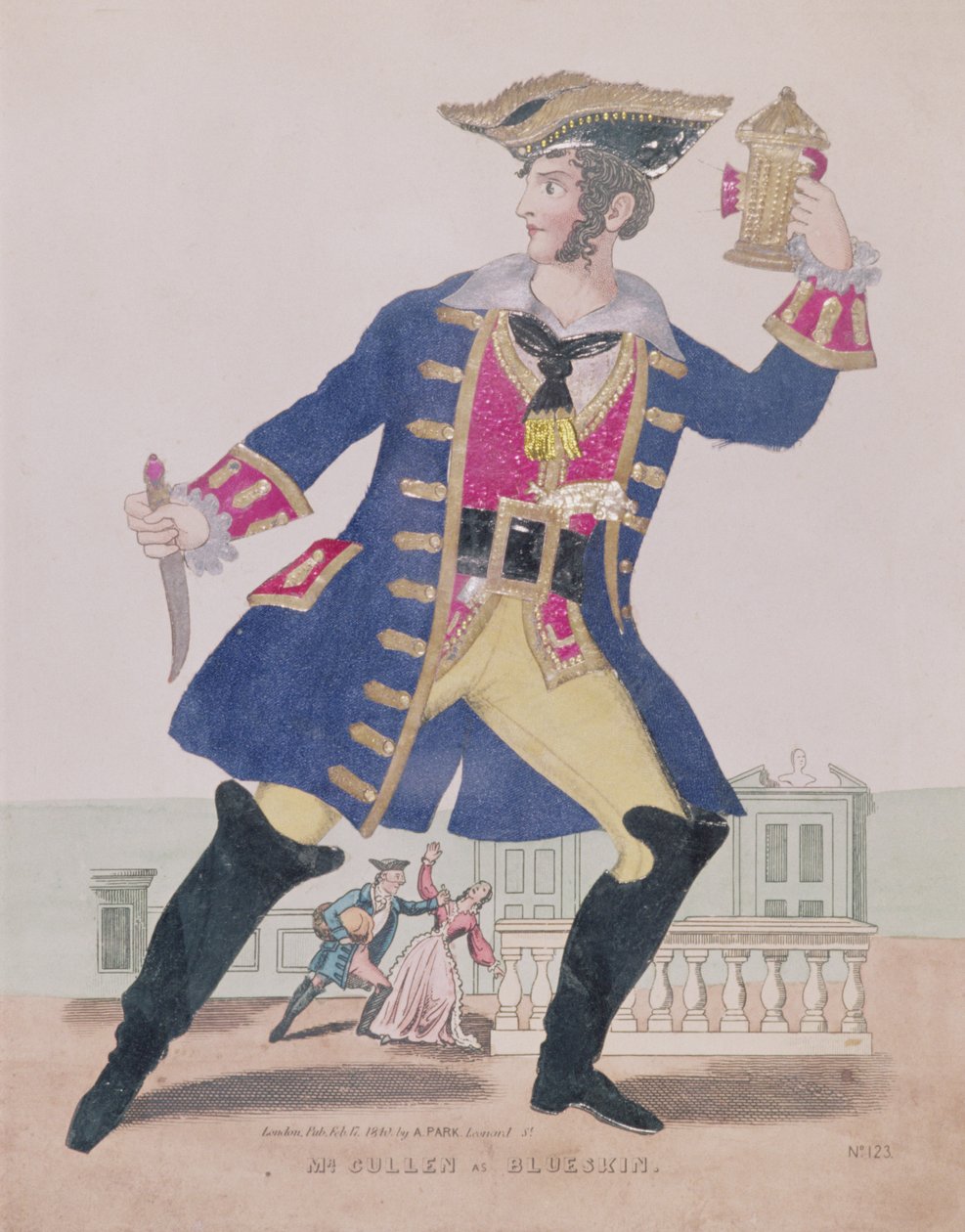Mr. Cullen i rollen som Blueskin (Bluebeard), pub. 1810 (gravyr och collage) av English School