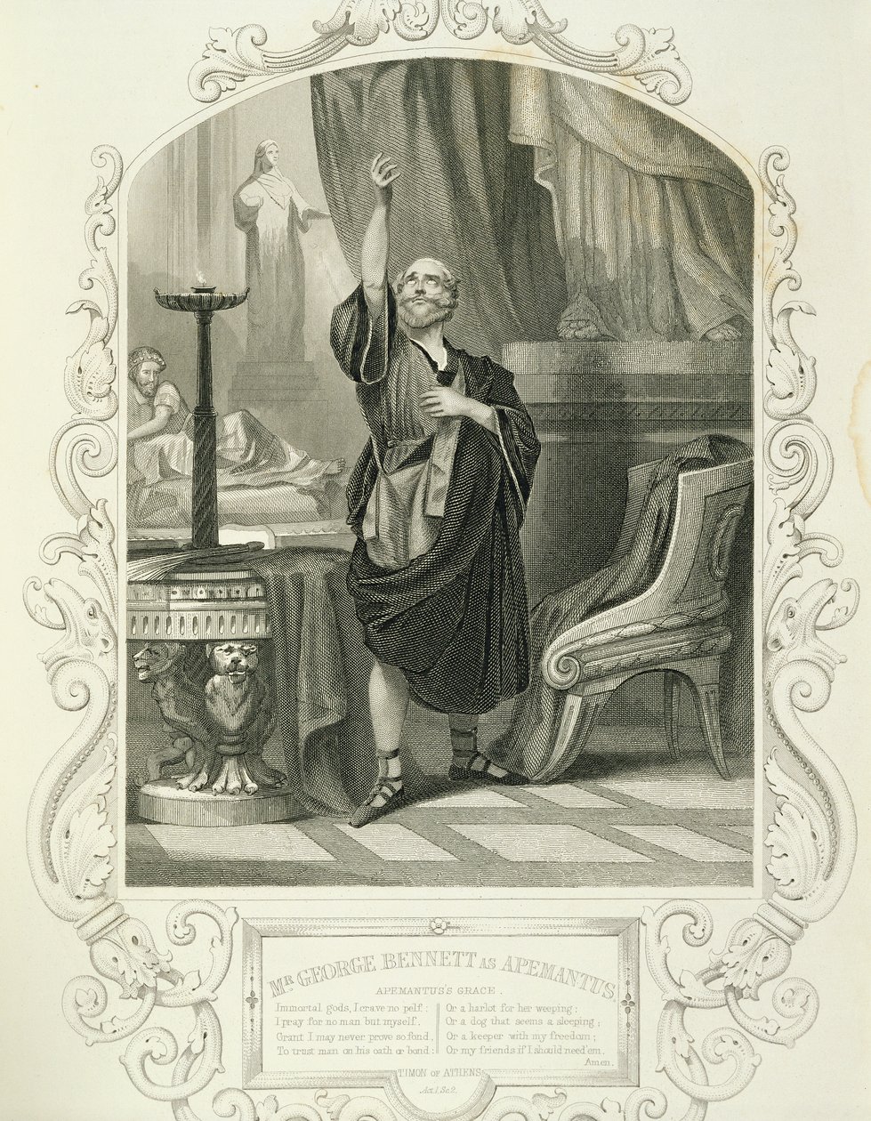 Mr George Bennett som Apemantus, akt I, scen 2, i Timon of Athens av William Shakespeare (1564-1616) av English School