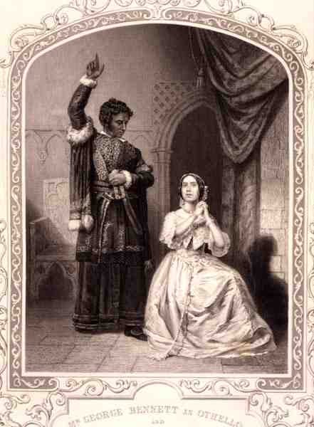 Mr George Bennett som Othello och Mrs Jane Bennett som Desdemona, akt IV Scene 2, i Othello av William Shakespeare (1564-1616) (gravyr) av English School