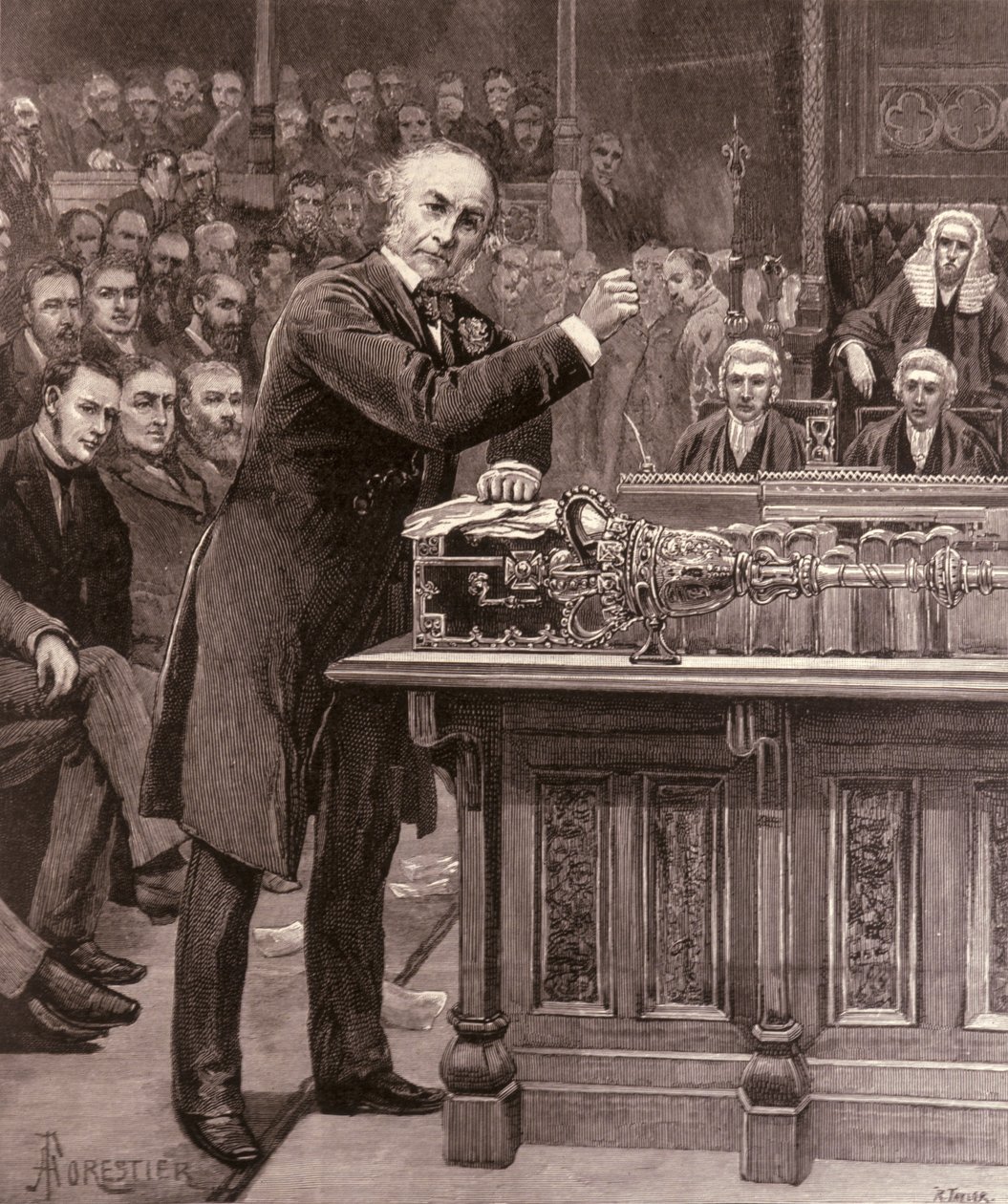Gladstone förklarar för underhuset sin plan för Irlands regering, från "The Illustrated London News", 17 april 1886. av English School