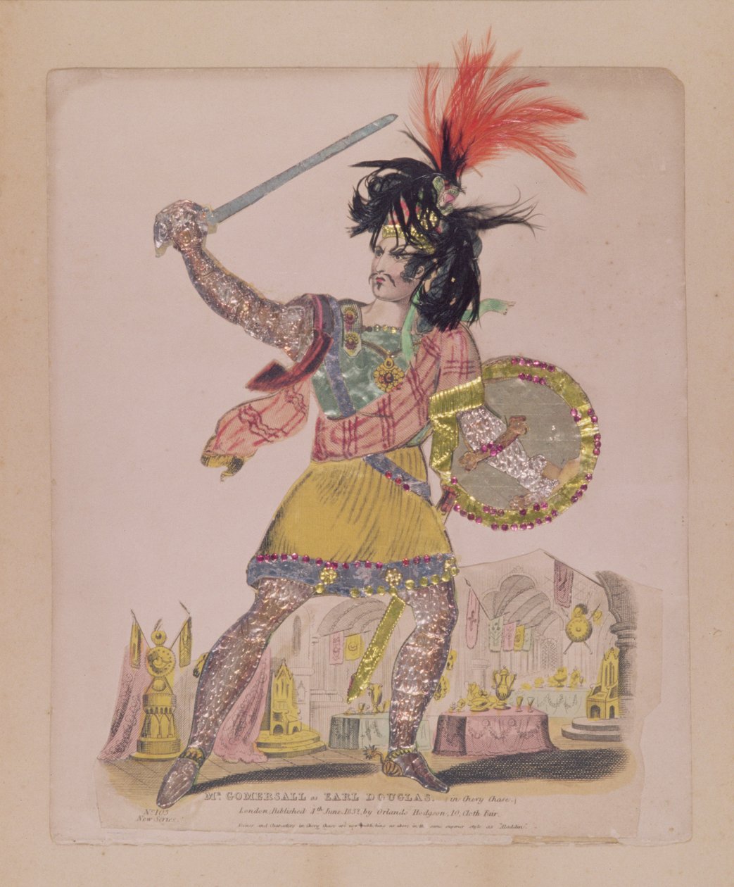Mr. Gomersall i rollen som Earl Douglas från "The Ballad of Chevy Chase", pub. av Orlando Hodgson, 1832 (gravyr och collage) av English School