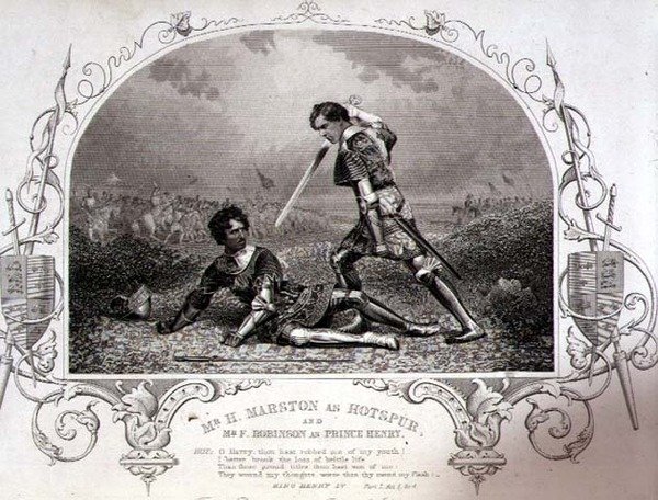 Mr H. Marston som Hotspur och Mr. F. Robinson som Prince Henry, akt V scen 4 från Henry IV (del I) från en daguerrotypi av Paine of Islington, pub. av John Tallis & Co. (litho) av English School