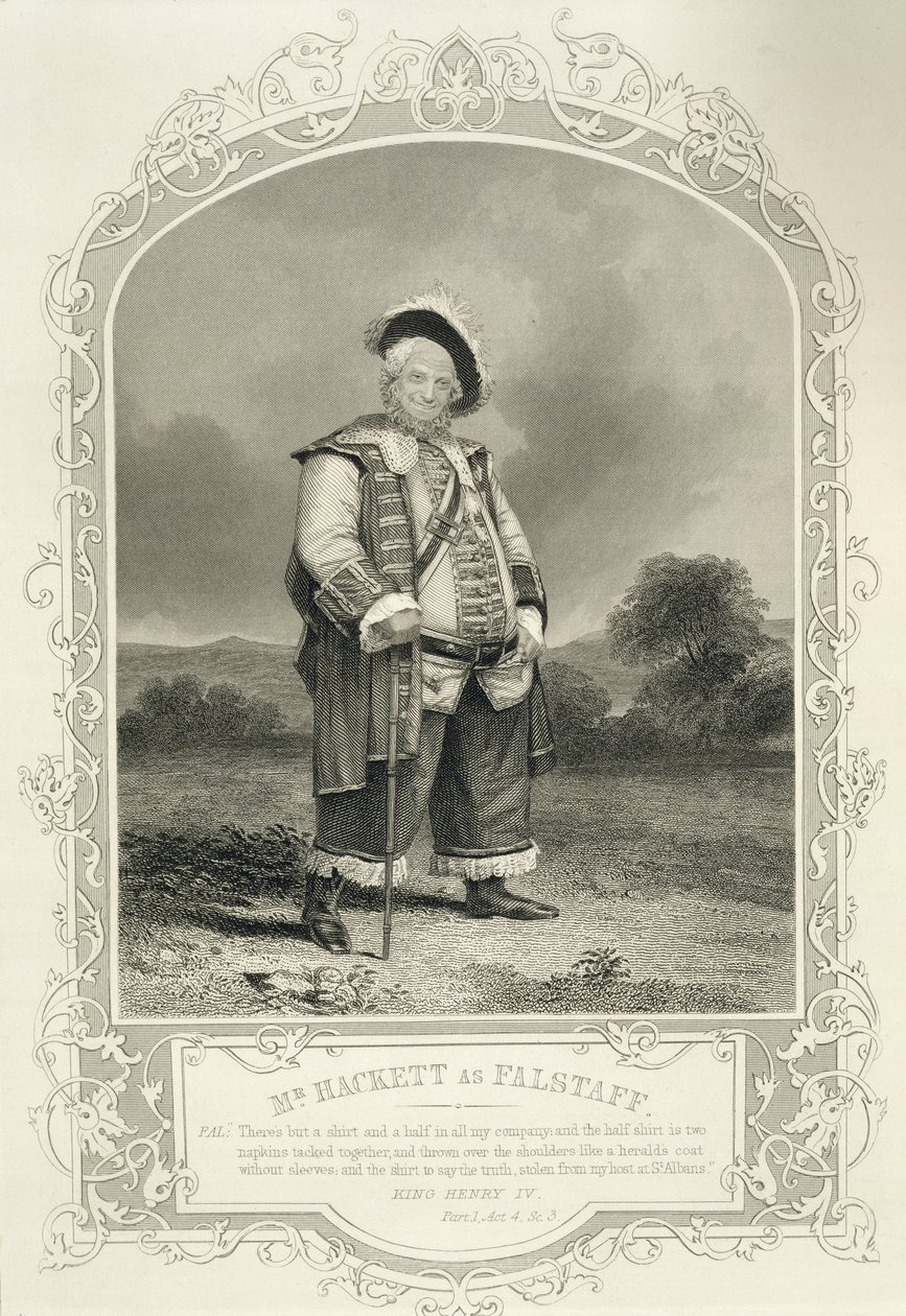 Mr Hackett som Falstaff, i Henry IV (Del 1) Akt IV Scene 3, av William Shakespeare (1564-1616) av English School