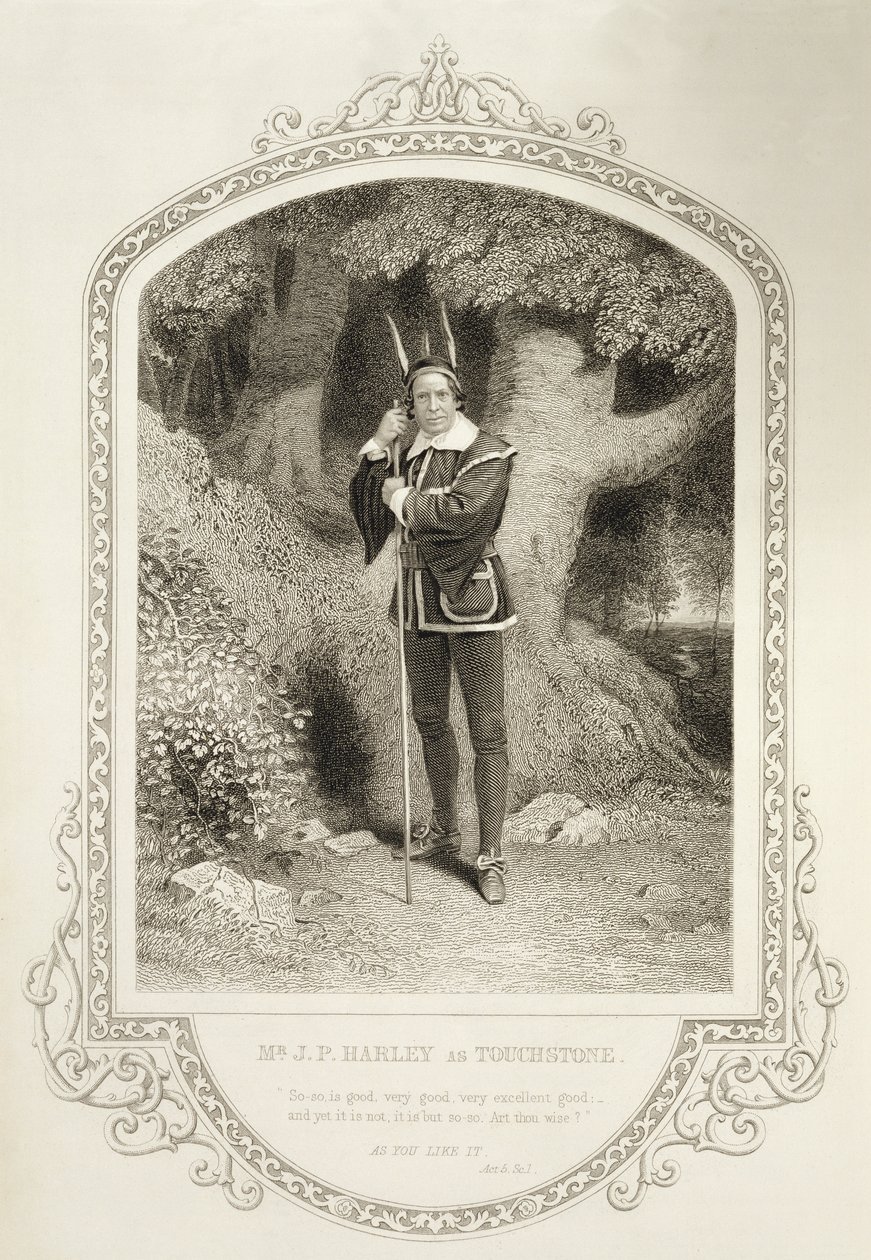 Mr J.P. Harley som Touchstone, Akt V Scene 1, i As You Like it av William Shakespeare (1564-1616) graverad av George Hollis (1792-1842) från en daguerreotypi av J.P. Mayall (1810-1901) av English School