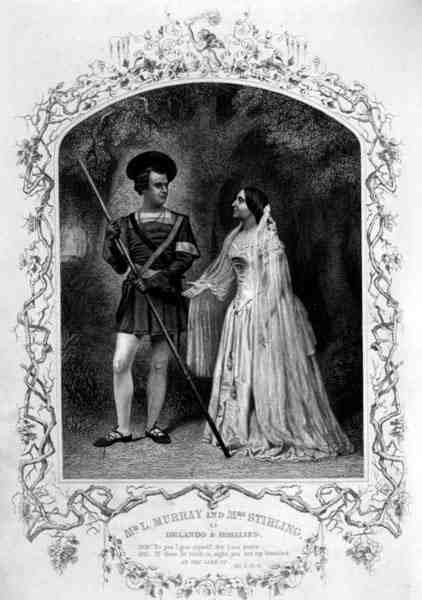 Mr L. Murray som Orlando och Mrs Stirling som Rosalind, Akt V Scene 4, i As You Like it av William Shakespeare (1564-1616) (gravyr) av English School