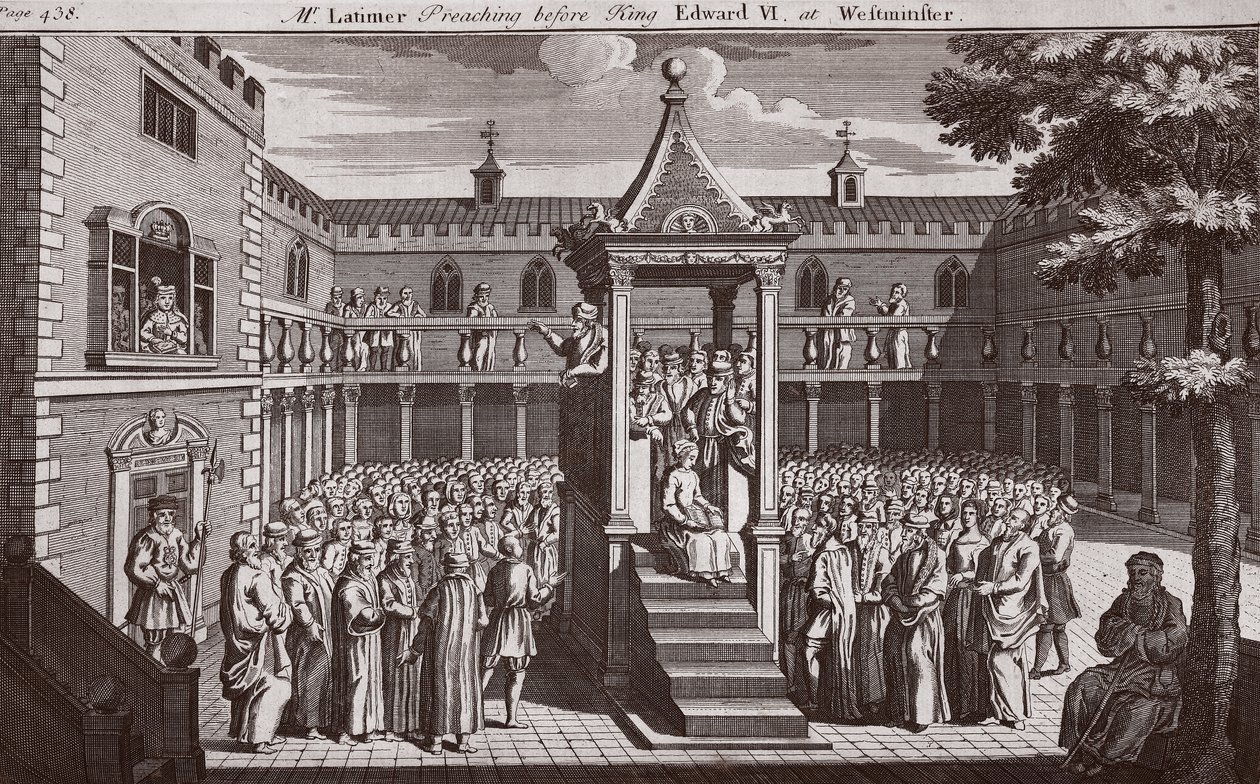Herr Latimer predikar inför kung Edward VI i Westminster, illustration från Foxes Martyrs c.1703 av English School
