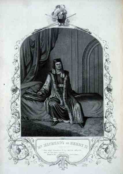 Mr Macready som Henry IV, akt III, scen 1, i Henry IV av William Shakespeare (1564-1616) (gravyr) av English School