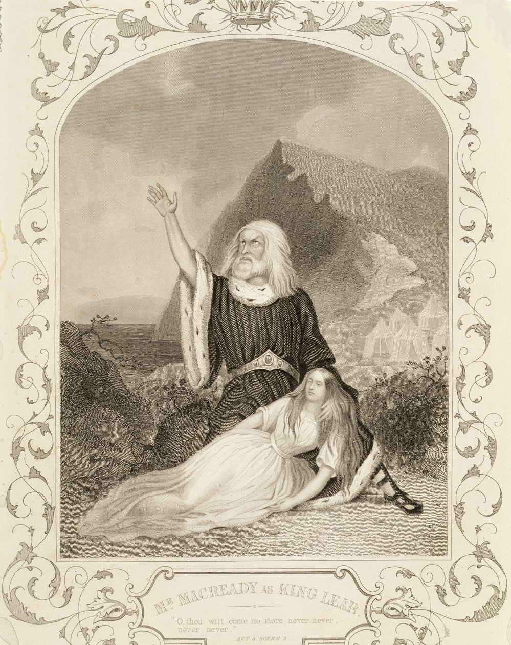 Mr Macready som kung Lear, akt V, scen 3, i pjäsen av William Shakespeare (1564-1616) av English School