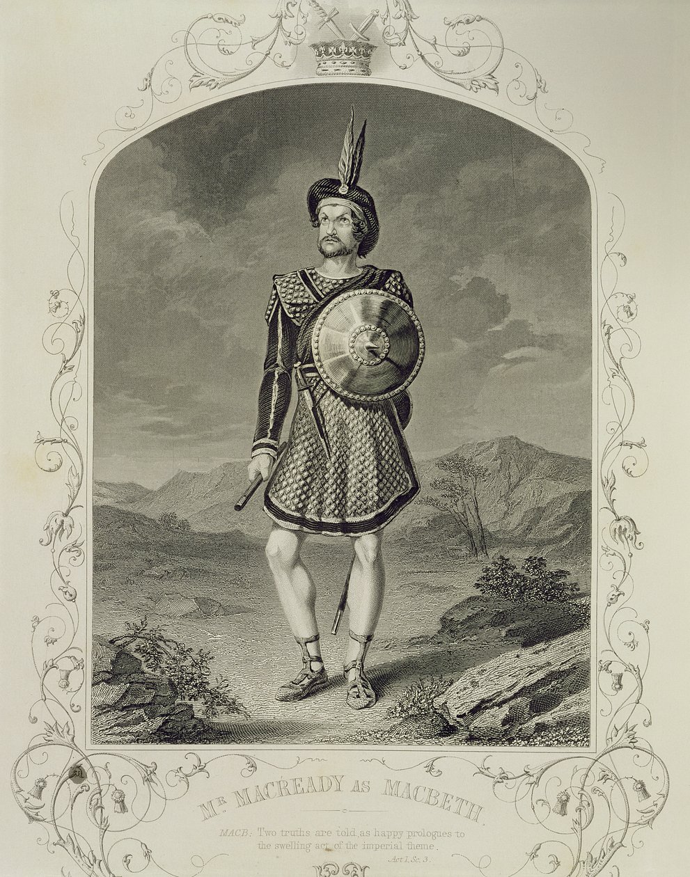 Mr Macready som Macbeth, akt I, scen 3, i pjäsen av William Shakespeare (1564-1616) av English School
