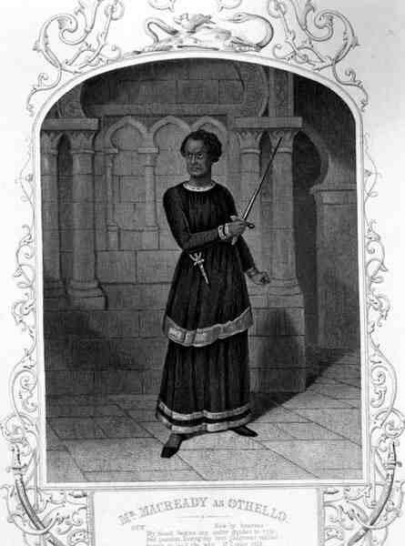 Mr Macready som Othello, akt II, scen 3, i pjäsen av William Shakespeare (1564-1616) (gravyr) av English School