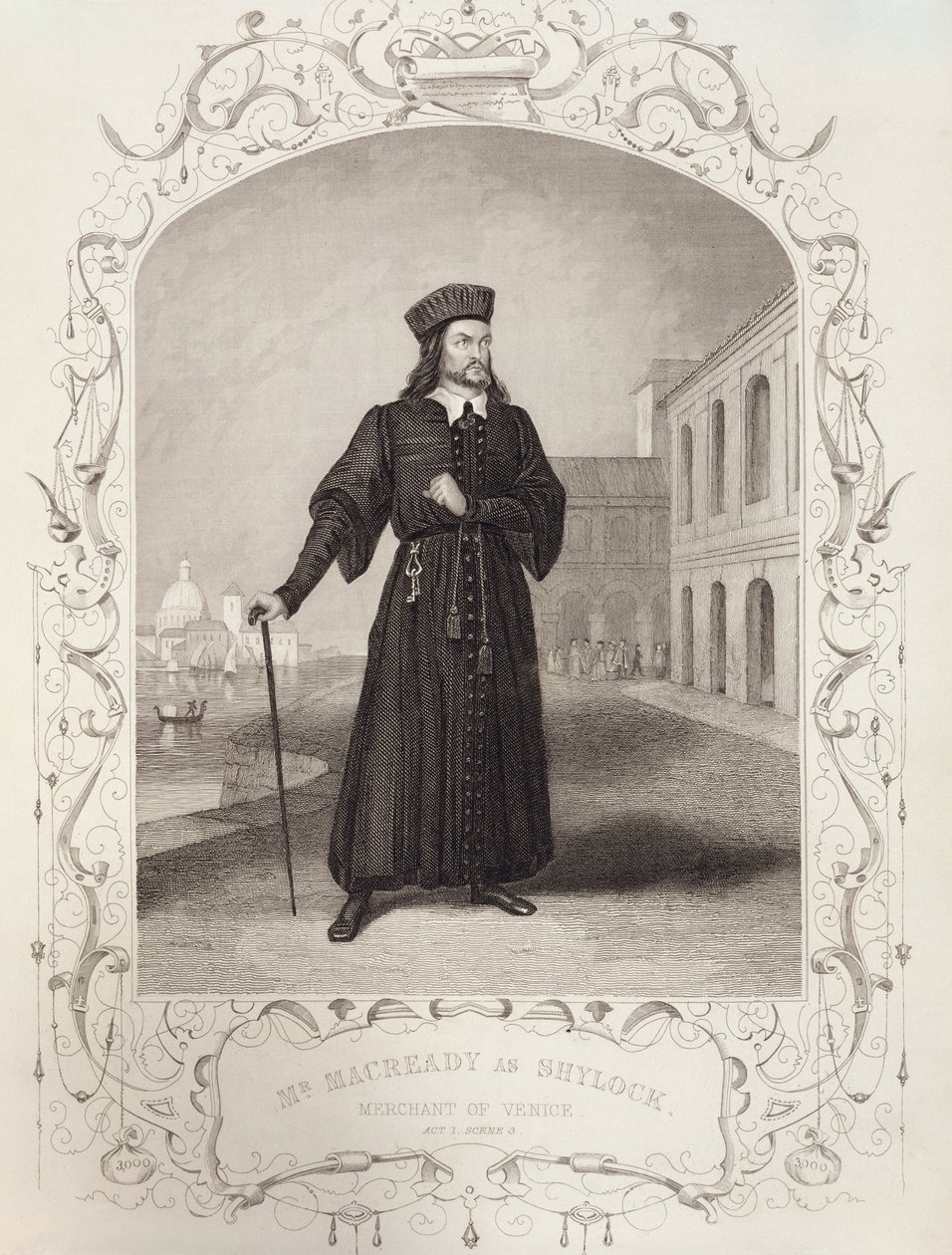 Mr Macready som Shylock, akt I, scen 3, i The Merchant of Venice av William Shakespeare (1564-1616) av English School